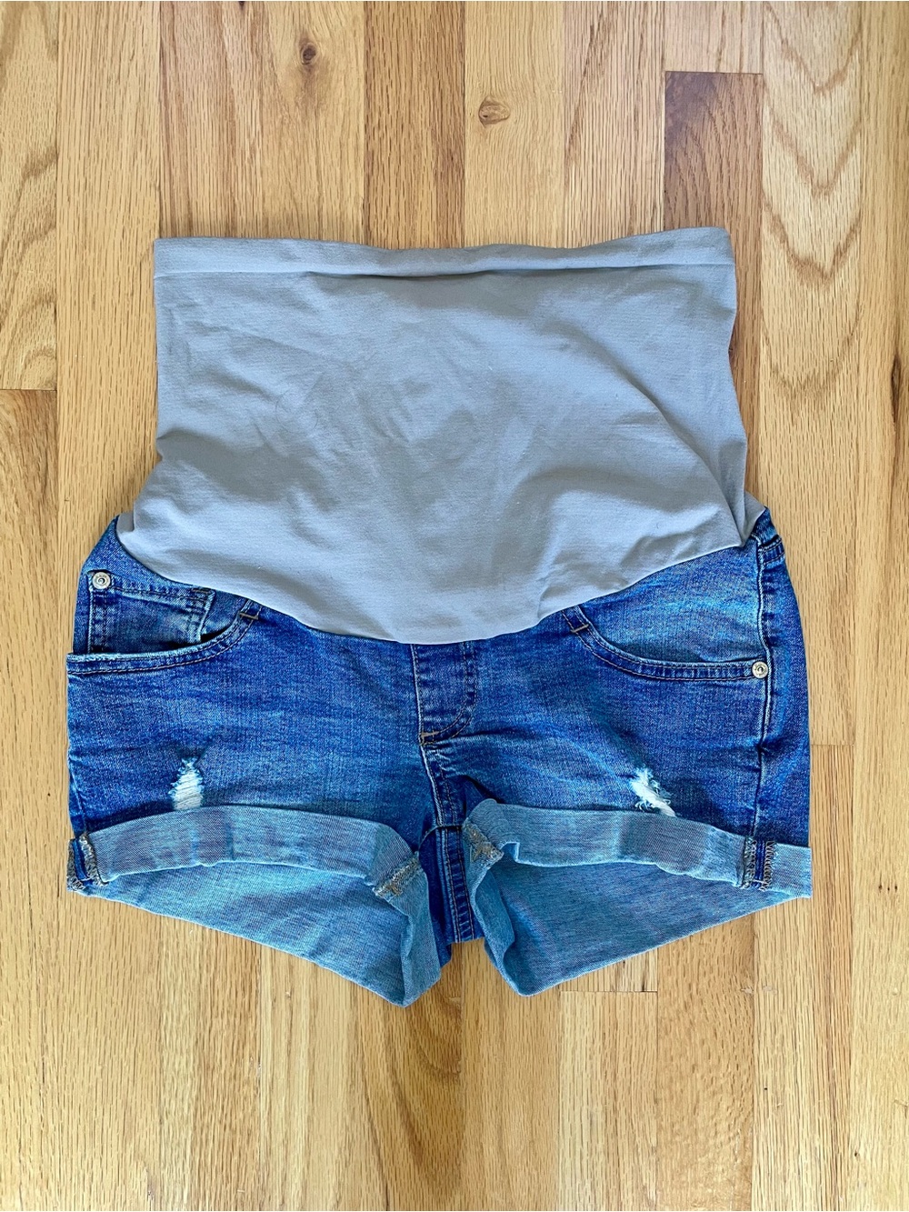 Maternity Denim Roll-Cuff Shorts in Light Taupe & Blue